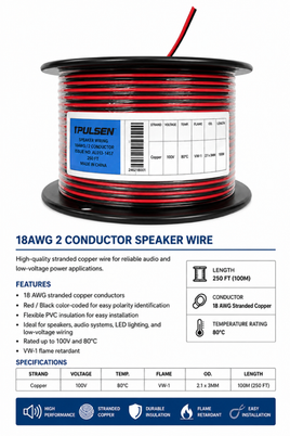 18AWG 2 Conductor Speaker Wire for 12V 24V wiring